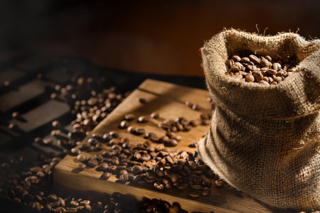 spilled coffee beans in bag on wooden table. Morning lightの写真素材