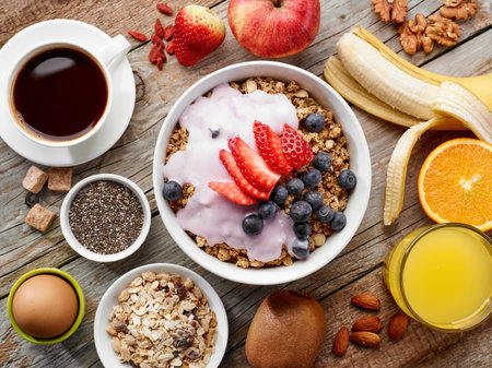healthy breakfast ingredients, top viewの写真素材