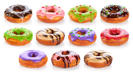 Donuts with colored glaze and chocolate, isolated on white background. Collection.の写真素材