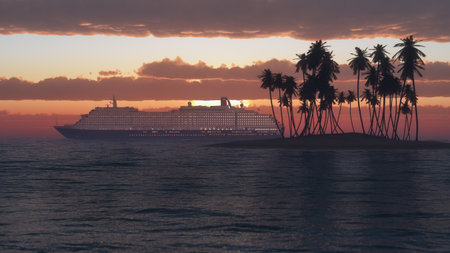 Cruise ship on a tropical island at sunset. 3d render