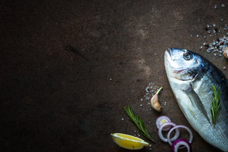 Fresh fish dorado. Dorado and ingredients for cooking at dark rusty table. Top view with copy space.の写真素材