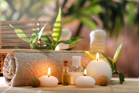 Beautiful spa composition on bamboo matの写真素材