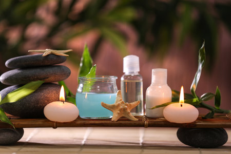 Beautiful spa composition on bamboo matの写真素材
