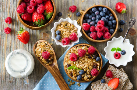 Healthy breakfast, muesli, raspberries, blueberries, strawberries, crisp bread and yogurt, health and diet conceptの写真素材