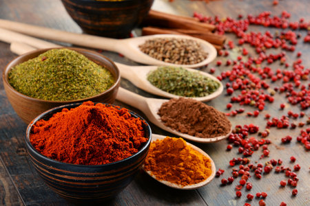 Variety of spices on kitchen table.の写真素材
