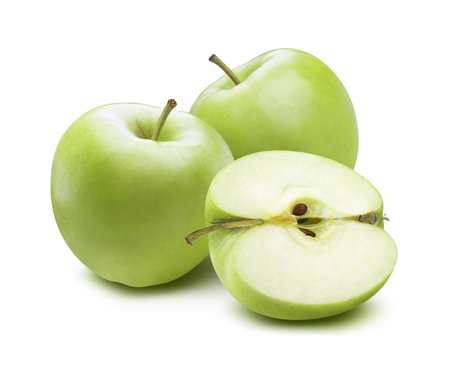 2 whole green apples and cut half piece composition isolated on white background as package design elementの写真素材