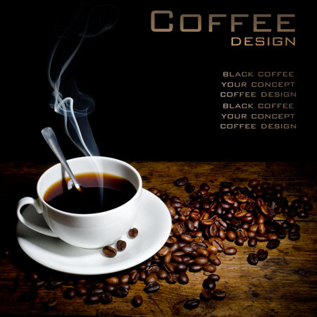 Coffee cup and coffee beans on wooden table with copy spaceの写真素材
