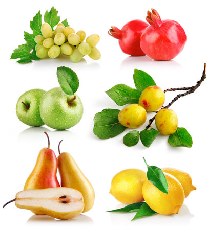 Fruit collection isolated on white background. Apple, pear, grape, pomegranateの写真素材