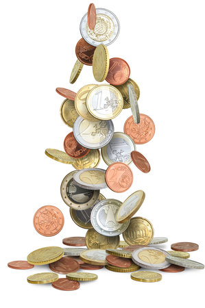 Euro coins falling on white background. Isolated 3D illustration.の写真素材