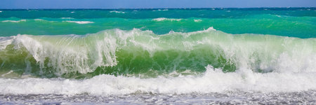 Ocean wave on the beach. Panoramic view of the sea.の写真素材
