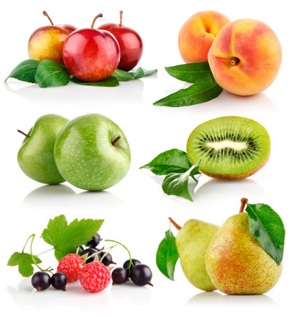 Fruits and berries collection isolated on white background. Collage.の写真素材