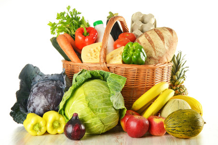 Composition with variety of grocery products, isolated on white. Balanced dietの写真素材