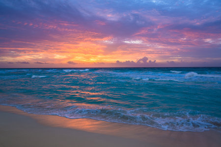 Beautiful sunset on the beach of the caribbean sea.の写真素材