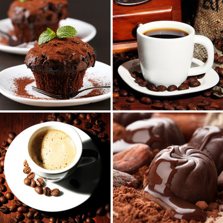 Coffee collage with chocolate muffins and cup of coffeeの写真素材