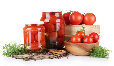 Tasty canned and fresh tomatoes, isolated on whiteの写真素材