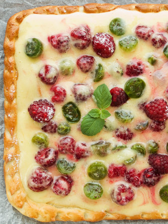 Raspberry-gooseberry tart with lemon cream. Viewed from above.の写真素材