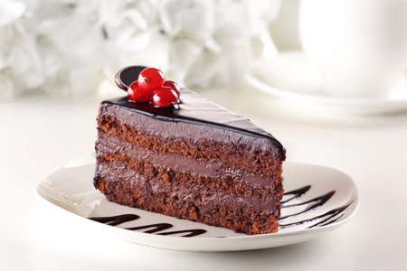 Chocolate cake with cherry on a white background. Selective focus.の写真素材