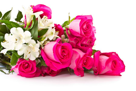 red roses and white Alstroemeria on a white backgroundの写真素材