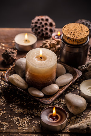 Tranquil spa relaxation setting with candles and stonesの写真素材