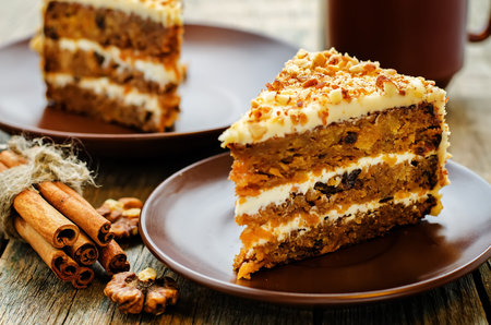 Carrot cake with raisins on a dark wood background. tinting. selective focusの写真素材