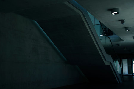 Abstract architecture background. Futuristic interior of modern office building. Modern business center.のeditorial素材