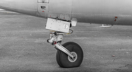 Close-up of a landing gear of an airplane on the ground