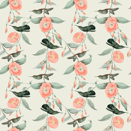Seamless pattern with watercolor pink flowers and eucalyptus leavesのeditorial素材
