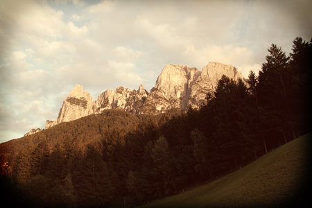 Landscape of Dolomites mountains, Italy. Vintage style toned pictureのeditorial素材