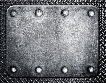 Metal plate with rivets on the wall. 3D illustration.のeditorial素材