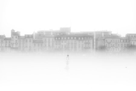 building in the fog, black and white, monochrome imageのeditorial素材