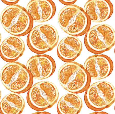 Seamless pattern with watercolor orange slices on a white backgroundのeditorial素材