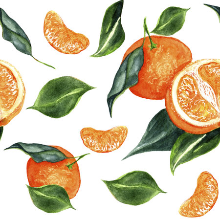 Seamless pattern with tangerines and leaves. Hand drawn watercolor illustrationのeditorial素材
