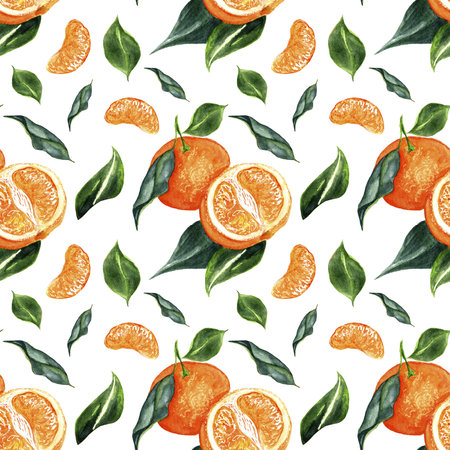 Seamless pattern with watercolor tangerines and leaves.