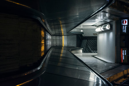 Modern escalator in a subway station at night, Tokyo, Japanのeditorial素材