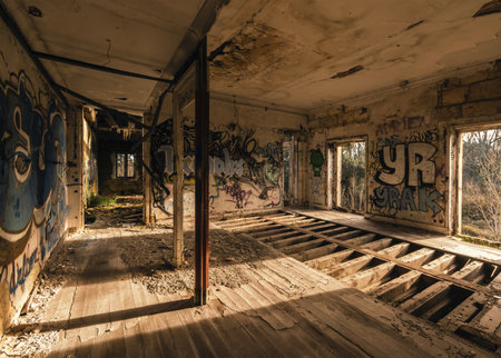 Abandoned industrial building with graffiti on the walls and floor.のeditorial素材