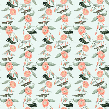 Seamless pattern with camellia flowers. Watercolor illustration.のeditorial素材