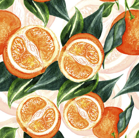 Seamless pattern with tangerines. Hand drawn watercolor illustrationのeditorial素材
