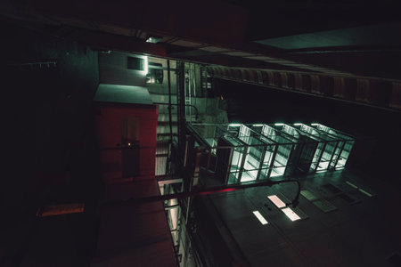 interior of a modern building in the night with a long corridor