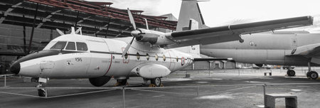 Abandoned military airplane in the museum. Black and white.のeditorial素材