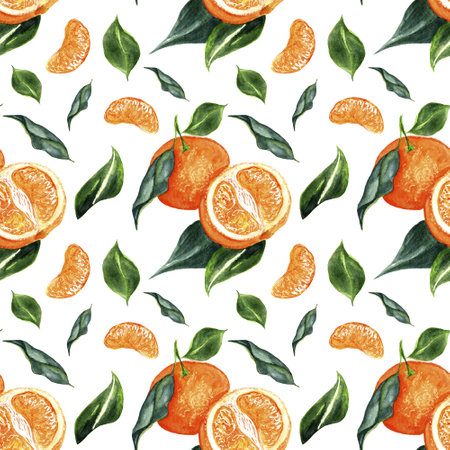 Seamless pattern with watercolor tangerines and leaves on white backgroundのeditorial素材