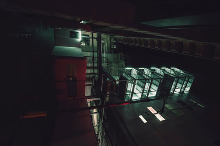 Interior of a modern office building at night with lights on.