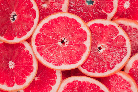 Red grapefruit slices as a background, top view, close-up