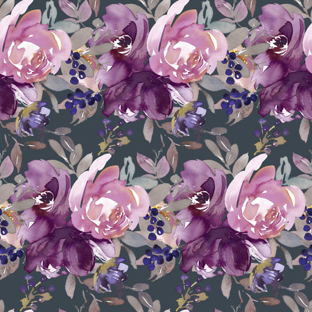 Seamless pattern with watercolor flowers. Hand-drawn illustration.のeditorial素材