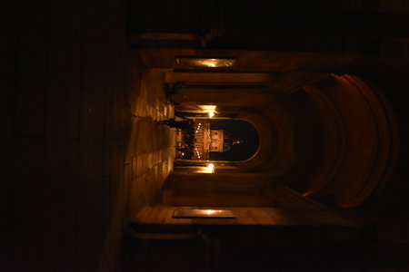 Night view of the entrance to the St. Stephen's Basilica in Budapest