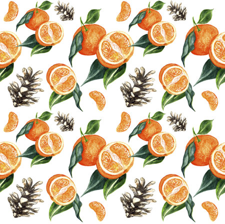 Seamless pattern with watercolor tangerines. Hand drawn illustration.のeditorial素材