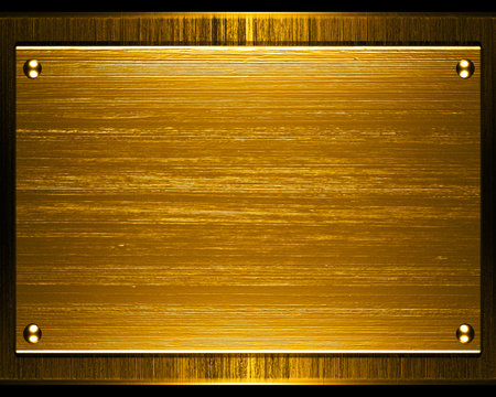 golden metal plate with rivets on a black background. 3d illustrationのeditorial素材