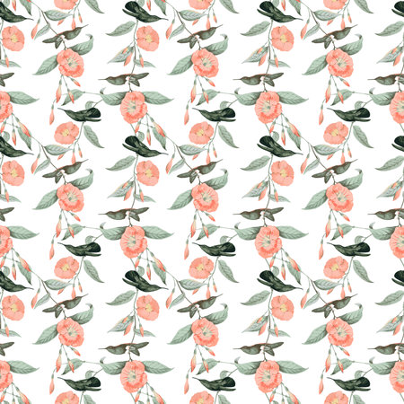 Seamless floral pattern with watercolor pink flowers and leaves.のeditorial素材