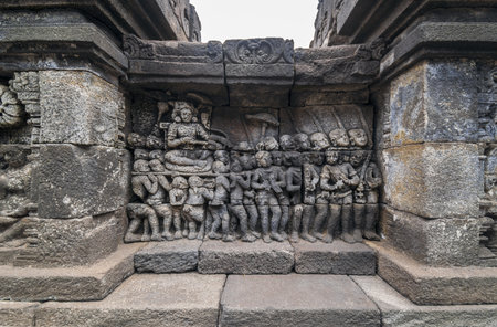 Bas-reliefs of Hindu gods at Borobudur temple, Java, Indonesiaのeditorial素材