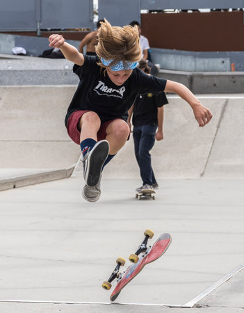 Unidentified skateboarder at a skatepark.のeditorial素材