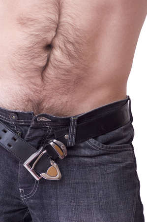the caucasian man show him nacked stomach over white